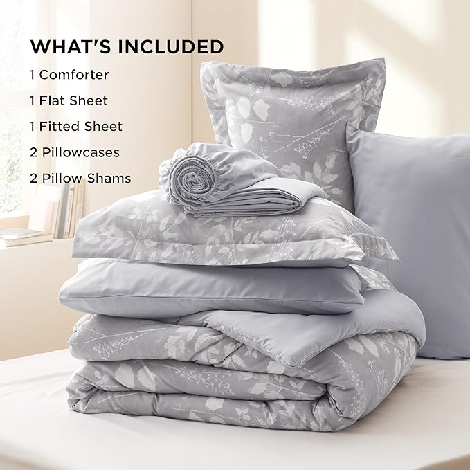 Bedsure King Size Comforter Set - 7 Pieces Floral Grey Soft Bedding Sets, King Bed in a Bag with Botanical Flowers Comforter, Sheets, Pillowcases & Shams