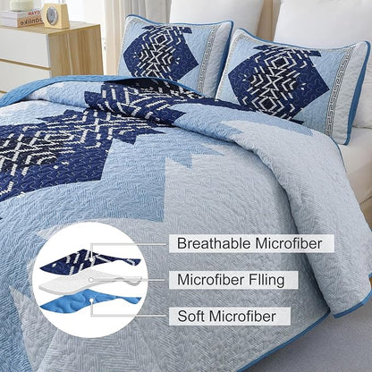 Dintszyayue Blue Quilt Set Queen Size,3 Pieces Aztec Texture Bedding Coverlet Set Boho Bedspread Geometric Pattern Quilt Bedding Set Reversiber Microfiber Quilt Bed Spread for All Season(Blue,90"x96")