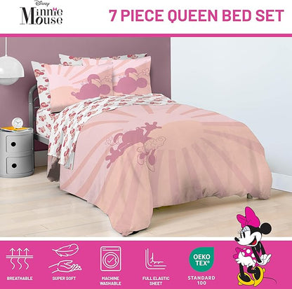 Disney Minnie Mouse Queen Size Comforter Set - 7 Piece Bedding Includes Sheet Set & Pillow Covers - Super Soft Cozy Pink Bedding