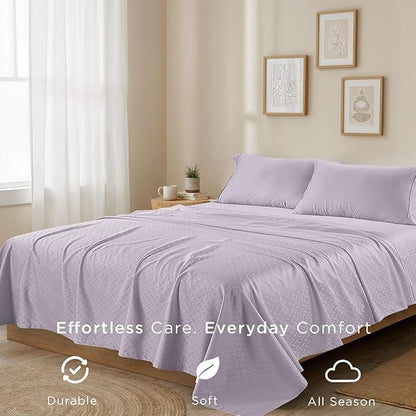 Threadmill Cotton Twin Sheet Set | 100% Cotton Sheets for Twin Size Bed | Damask Jacquard Sateen Twin Bed Sheets Set with 16” Deep Pocket | Soft Breathable 3-Piece Cooling Sheet Set | Lilac