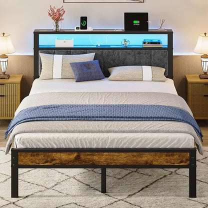 Liians Queen Size Bed Frame with 2-Tier Storage Shelf Headboard, LED Lights | Usb+Type C Charging Station, Metal Platform Bed, No Box Spring Needed, Noise Free, Easy Assembly
