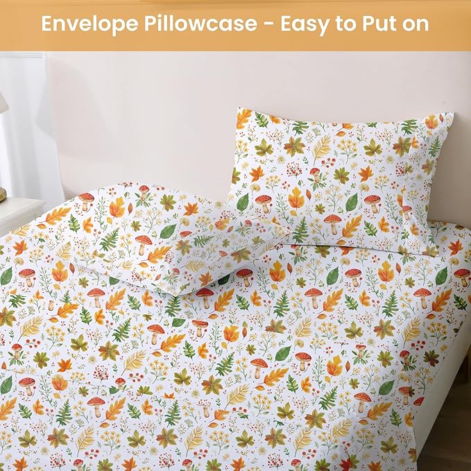 Softan Orange Floral Queen Size Sheet Set, Printed Microfiber Fitted Sheet with 15" Deep Pockets & Non-Slip Straps, Maple Leaves & Mushroom Patterned Bedding Sheets & Pillowcase Set