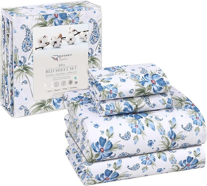 RUVANTI 100% Cotton Sheets – Full Size Percale Bedding, Cooling & Breathable Floral Design, Durable with a Crisp, Soft & Comfortable Feel, 16" Deep Pocket, 4-Piece Set, Paislyona