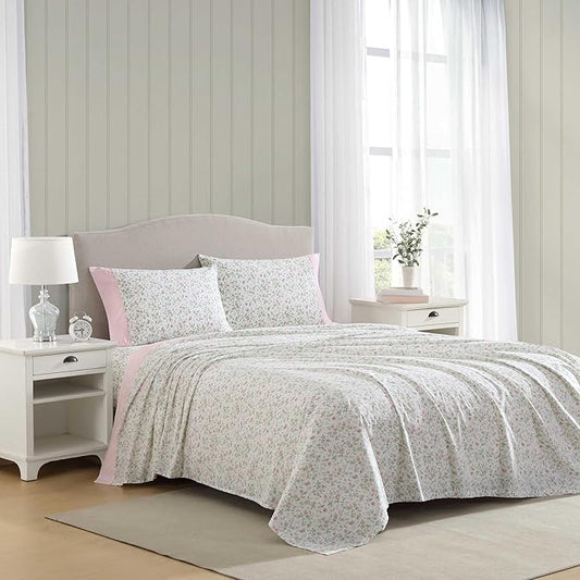 Laura Ashley - Twin Sheet Set, Crisp & Cool Cotton Percale Bedding with Deep Pockets, Lightweight for Year Round Comfort, Bed Sheets with Matching Pillowcase (Bonnie Pink/Beige)