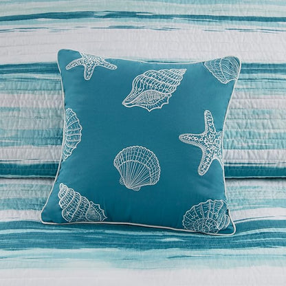 Madison Park Quilt Set Cottage Coastal Design, 6 Piece Set - All Season, Coverlet Bedspread Lightweight Bedding Layer, Shams, Toss Pillows, King/Cal King(104 in x 94 in), Aqua/White