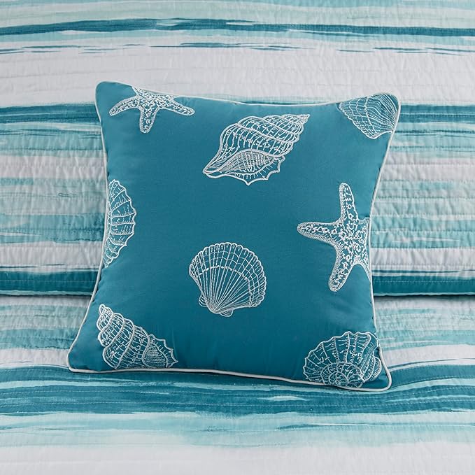 Madison Park Quilt Set Cottage Coastal Design, 6 Piece Set - All Season, Coverlet Bedspread Lightweight Bedding Layer, Shams, Toss Pillows, Full/Queen(90 in x 90 in), Aqua/White