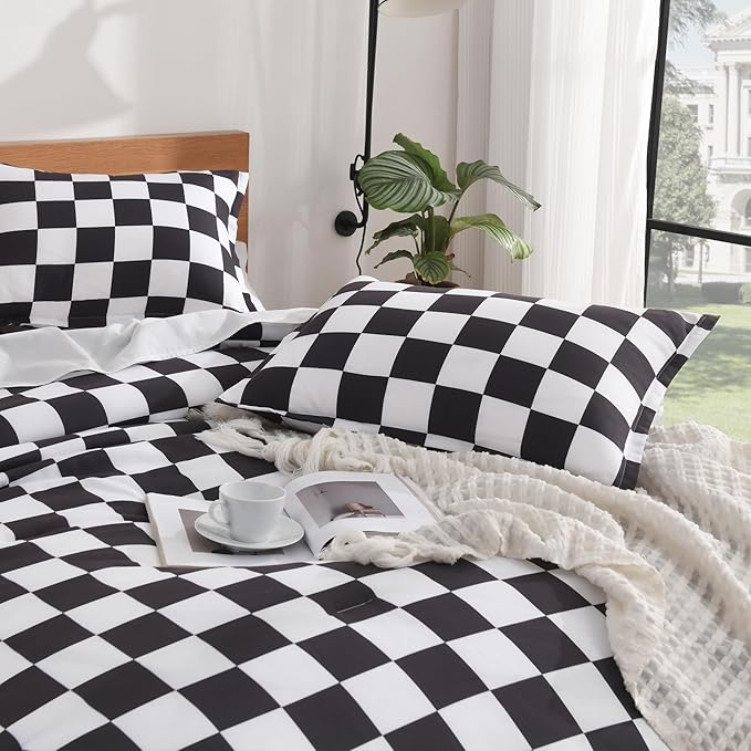 Andency Checkered Comforter Twin(66x90Inch), Black White Plaid Gingham Buffalo Grid Bedding Comforter Sets for Boys Kids Teens, 2 Pieces Lightweight Polyester Geometric Preppy Bed Set