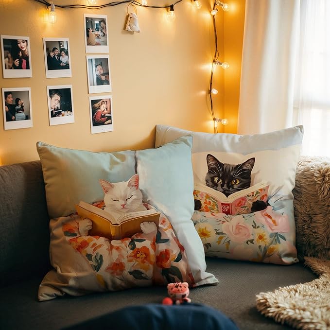 Funny Cat Reader Book Pillow Cover 18 x 18 Set of 2, Reading Nook Corner Decor, Gifts for Book Lovers, Preppy Floral Black White Cats Bookish Pillowcase（001）