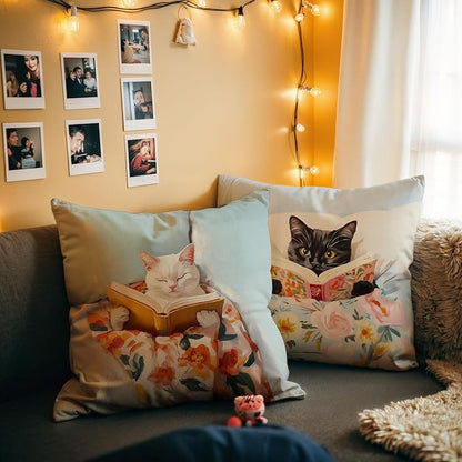 Funny Cat Reader Book Pillow Cover 18 x 18 Set of 2, Reading Nook Corner Decor, Gifts for Book Lovers, Preppy Floral Black White Cats Bookish Pillowcase（001）