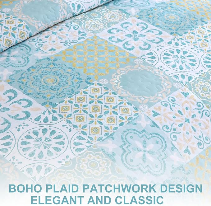 Dobuyly Patchwork Quilt Set Queen Size, Aqua Blue Boho Summer Bedspreads Coverlet Set, 3 Pieces Soft Lightweight Microfiber Quilt Bedding Set for All Seasons 96"x90"