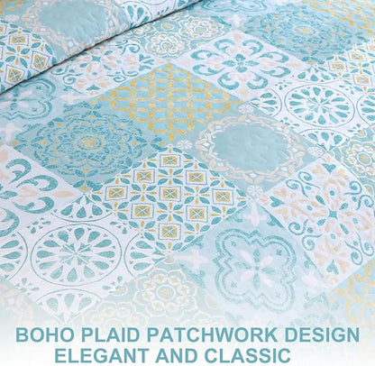 Dobuyly Patchwork Quilt Set Queen Size, Aqua Blue Boho Summer Bedspreads Coverlet Set, 3 Pieces Soft Lightweight Microfiber Quilt Bedding Set for All Seasons 96"x90"