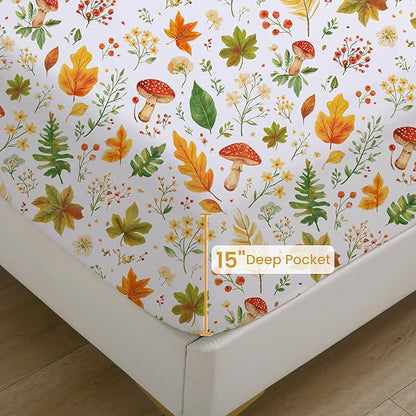 Softan Orange Floral King Size Sheet Set, Printed Microfiber Fitted Sheet with 15" Deep Pockets & Non-Slip Straps, Maple Leaves & Mushroom Patterned Bedding Sheets & Pillowcase Set