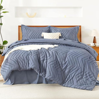 Litanika Full Size Comforter Set with Sheets Bluish Grey - 7 Pieces Bed in a Bag Full Chevron Tufted Complete Bedding Sets with Comforter, Sheets, Pillowcases & Shams