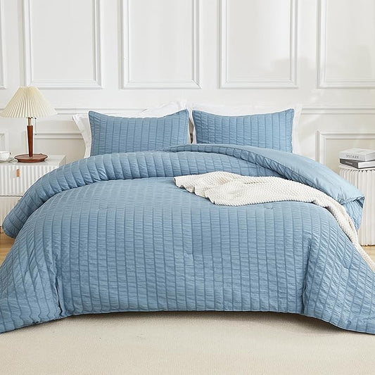 AveLom Seersucker Queen Comforter Set, 90x90, Grayish Blue, 3 Pieces - Soft Microfiber Down Alternative Bedding