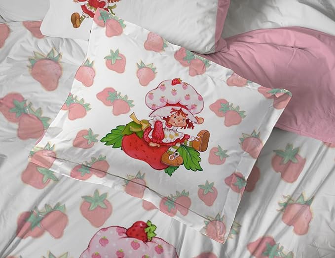 Jay Franco Strawberry Shortcake Queen Comforter Set - 7 Piece Bedding Includes Sheet Set & Pillow Covers - Super Soft Pink & White Kids Bedding