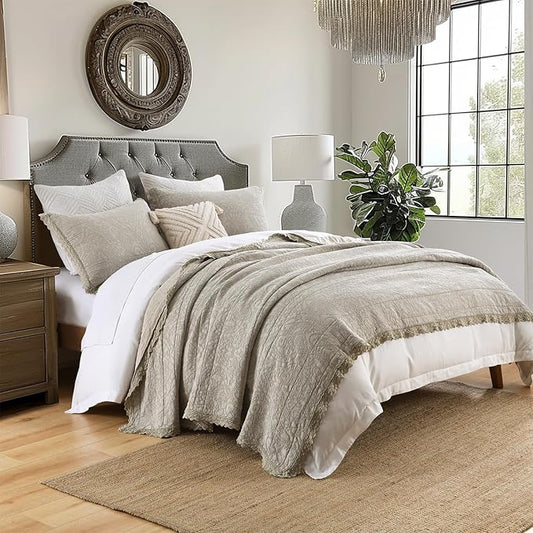 HORIMOTE HOME Stone-Washed Cotton Quilt King Size, Beige Jacquard Embossed Quilt Shabby Vintage Farmhouse Bedspread Coverlet with Crochet Edge, Soft Lightweight Bedding Set for All Season, 3 Pieces