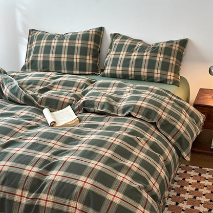 EAVD Vintage Green Buffalo Plaid Comforter Set Queen Soft 100% Washed Cotton Retro Green&Red Grid Checkered Bedding Set with 2 Pillowcases Farmhouse Gingham Comforter Set for All-Season