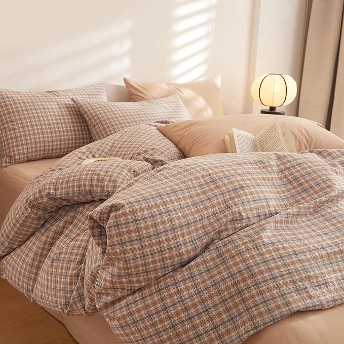Plaid Comforter Set Full Washed Cotton Down Alternative Bedding Set Vintage Farmhouse Fluffy Boho Bedding Comforter Sets Neutral Soft All Season Rustic Bed Comforter with 2 Pillowcases