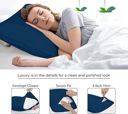 Royale Linens King Pillowcase Set of 2 - Bed Pillow Cover - 20" x 40" -Navy Pillowcases - 1800 Brushed Microfiber, Wrinkle & Fade Resistant - Soft & Cozy- King Size Pillow Case (Navy)