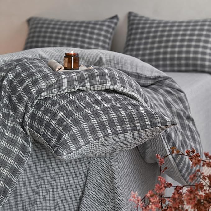 EAVD Vintage Style Grey Plaid Gingham Duvet Cover Full Soft 100% Cotton Muslin Grey Grid Checkered Bedding Set with 2 Pillowcases Reversible Plaid Duvet Cover with Zipper Closure