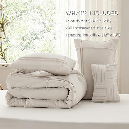 Bedsure King Comforter Set - 4 Pieces Grid Pleat Bed Set, Beige Boho Bedding for All Season, 1 Soft Comforter, 2 Pillowcases, 1 Decorative Pillow