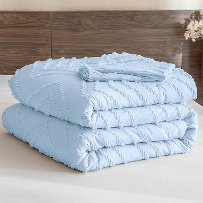 Andency Light Blue Comforter Set Full Size, Boho Soft Warm Tufted Neutral Bedding Comforter Sets for Full Bed, 3 Pieces Aesthetic Chevron Cute Bohemian Textured Bedding Set