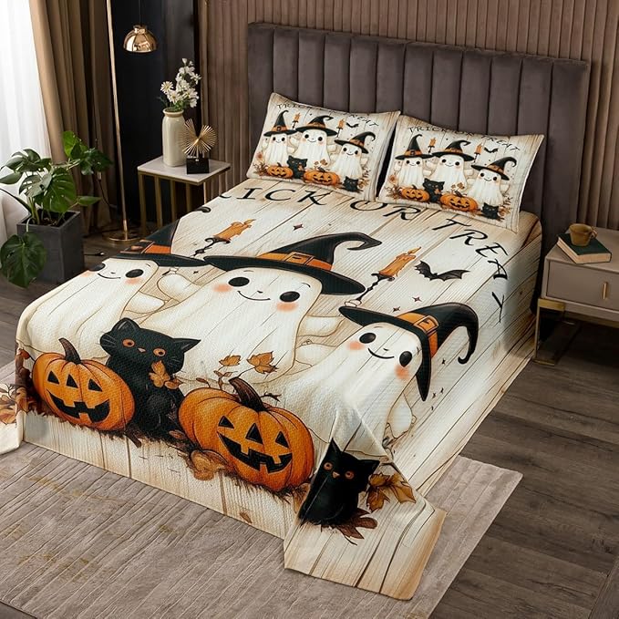 Cartoon Ghost Kids Bedspread Twin Size,Pumpkin Black Cat Happy Halloween Coverlet Set,Boys Girls Room Decor,Maple Wooden Plank Rustic Farmhouse Quilted Coverlet,Retro Bedding Quilt,1 Pillowcase