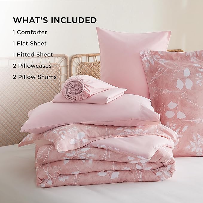 Bedsure King Size Comforter Set - 7 Pieces Floral Pink Soft Bedding Sets, King Bed in a Bag with Botanical Flowers Comforter, Sheets, Pillowcases & Shams
