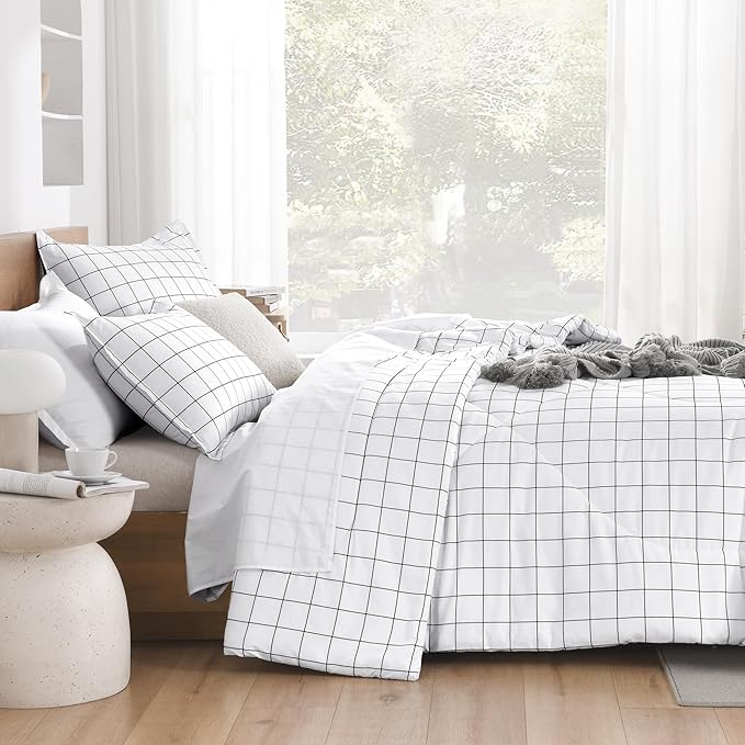Andency Twin XL Comforter Set(68x92Inch), White Gingham Plaid Grid Checkered Bed Comforter Set for Dorm Boys Girls Kids Teens, 2 Pieces Lightweight Polyester Geometric Bedding Set