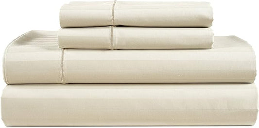 LANE LINEN Striped Sheets Set - 100% Egyptian Cotton 4 Piece Bed for Queen Size Hotel Bedding & Pillowcases 16" Deep Pocket (Fits Upto 17" Mattress) Ivory