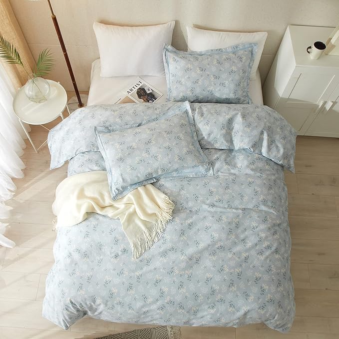 HighBuy Blue Floral Comforter Set Queen 3 Piece Boho Bedding Comforter Set Queen for Women Girls Bedroom Luxury Decorative Comforter Bed Set Include 1 Floral Comforter and 2 Pillowcase