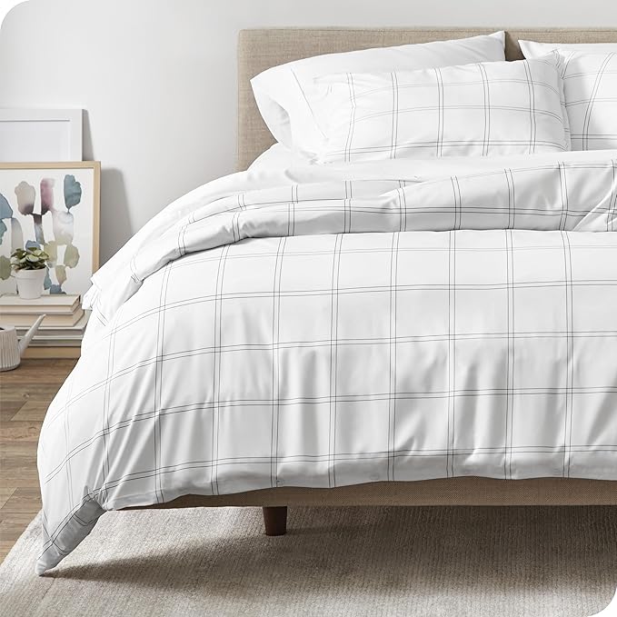 Bare Home Bedding Duvet Cover Queen Size - Premium 1800 Super Soft Collection - Lightweight, Duvet Cover - Soft Textured Bedding (Queen, Modern Plaid - White/Grey)