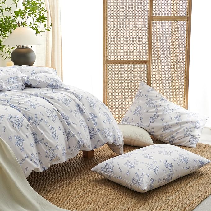 Nayoroom Blue Floral Duvet Cover Full Size Cottagecore Flower Leaf Spring Comforter Cover 3 Pcs Soft Breathable Microfiber Pastoral Aesthetic Bedding Set with Zipper Closure