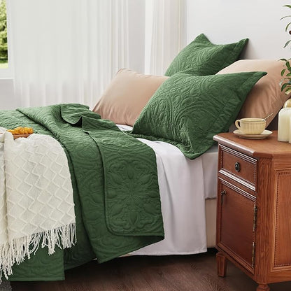 EXQ Home Quilt Set Full Queen Size Olive Green 3 Piece,Lightweight Soft Coverlet Mandala Flower Pattern Bedspread Set for All Season(1 Quilt,2 Pillow Shams)