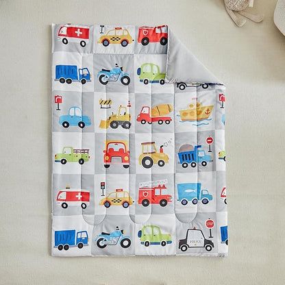 White Gray Toddler Bedding Set for Boys Girls Colorful Cars Vehicle Auto Fire Engine Bulldozer 4PC Toddler Bed Set - Soft Cute Toddler Plaid Patchwork Bed in a Bag with Sheet Set and Pillow Shams