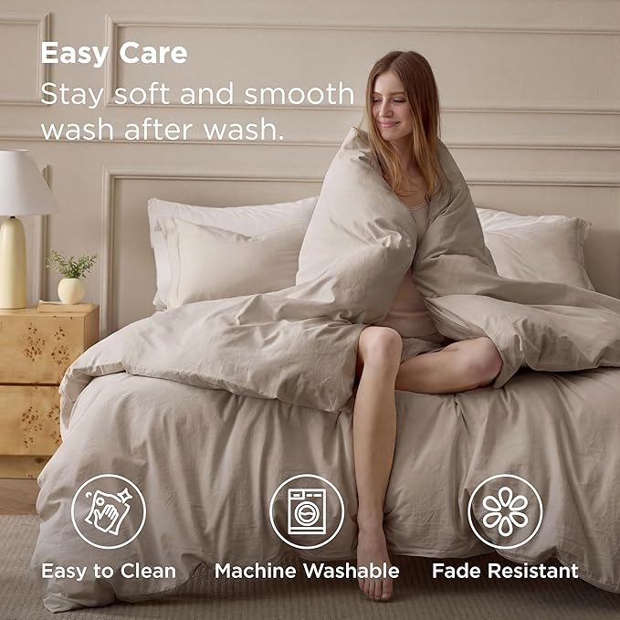 Bedsure 100% Washed Cotton Duvet Cover Queen Size - Tannish Linen Grey Minimalist Bedding Set 3-Piece - PureWoven Plain Simple & Soft Comforter Cover 3-Piece (Tannish Linen Grey, Queen, 90"x90")