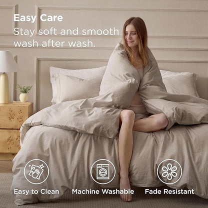 Bedsure 100% Washed Cotton Duvet Cover King Size - Tannish Linen Grey Minimalist Bedding Set 3-Piece - PureWoven Plain Simple & Soft Comforter Cover 3-Piece (Tannish Linen Grey, King, 104"x90")