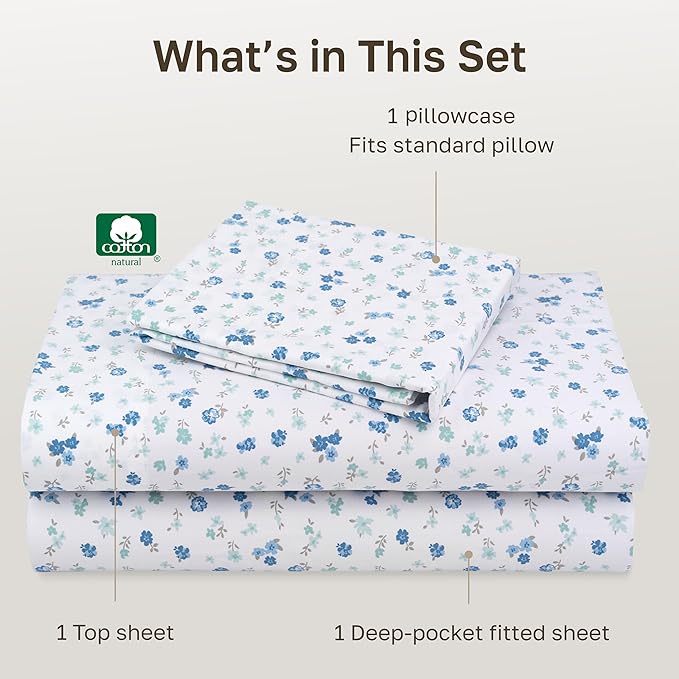 California Design Den Printed Twin XL Sheet Sets - 400 Thread Count Sateen, Natural 100% Cotton Sheets, Deep Pockets, and Durable Bedding Set - Blooming Meadows