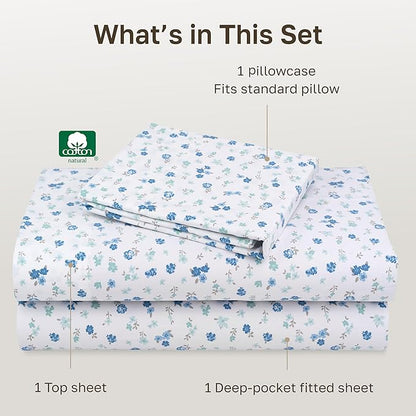 California Design Den Deep Pocket Twin Sheets Set - 400 Thread Count Sateen, Natural 100% Cotton Sheets, and Durable Bedding Set - Blooming Meadows
