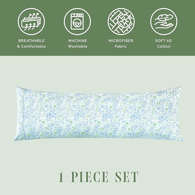 Elegant Comfort Ultra Soft 1-Piece Set Floral Print Pillowcases - 1500 Premium Hotel Quality Microfiber, Soft and Smooth Hidden Zipper Closure 1-Piece Pillow Covers - Body Pillowcase, Green Anita