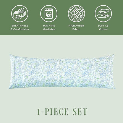 Elegant Comfort Ultra Soft 1-Piece Set Floral Print Pillowcases - 1500 Premium Hotel Quality Microfiber, Soft and Smooth Hidden Zipper Closure 1-Piece Pillow Covers - Body Pillowcase, Green Anita