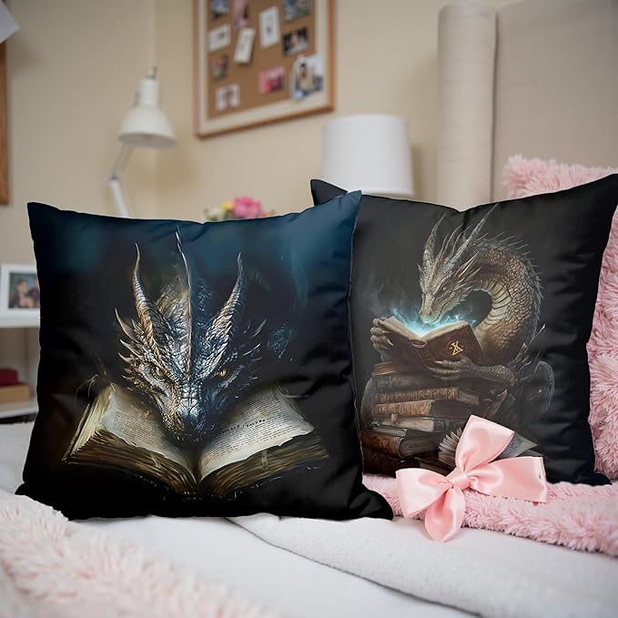 Vintage Magical Black Dragon Reading Book Decorative Throw Pillow Covers 18x18 Set of 2, Fantasy Room Decor for Kids, Gamers, and Bookworms,Reading Nook Decor, Gifts for Bookworm Readers