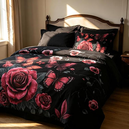 Black Vintage Comforter Set Twin Size, Black Red Floral Bedding Set for Gothic Bedroom Decor, 2 Pieces Soft Microfiber Lightweight Comforter Set with 1 Pillowcase, 68"x86"