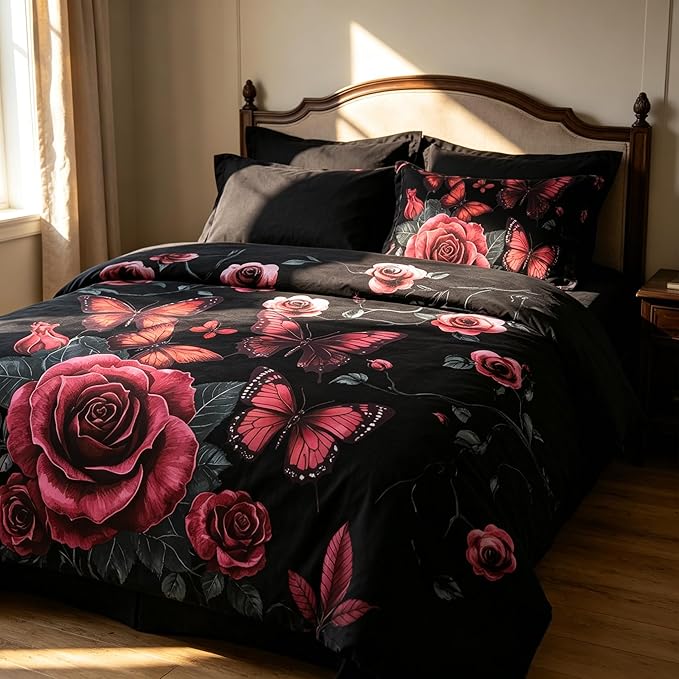 Vintage Floral Comforter Set Queen Size, Black Black Red Floral Bedding Set for Gothic Bedroom Decor, 3 Pieces Soft Microfiber Lightweight Comforter Set with 2 Pillowcases, 90"x90"