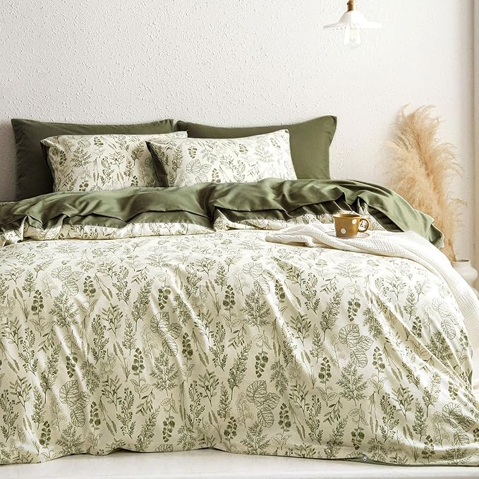 Wake In Cloud - Floral Duvet Cover Set, Botanical Vintage Flower Coquette Cottagecore Aesthetic for Women Teen Girls, Soft Lightweight Bedding, 3-Piece, Olive Green, King Size