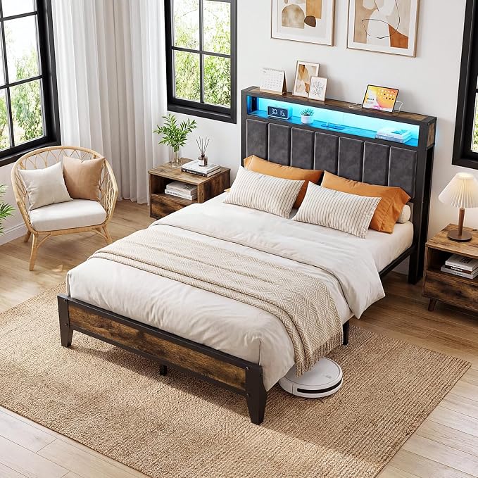 OLEVS Full Size Bed Frame with Headboard, LED Light & Charging Station | Metal Platform Bed Upholstered Headboard 2-Tier Shelf & Footboard, Smart LED Lightning Type C USB Ports, No Need Box Spring