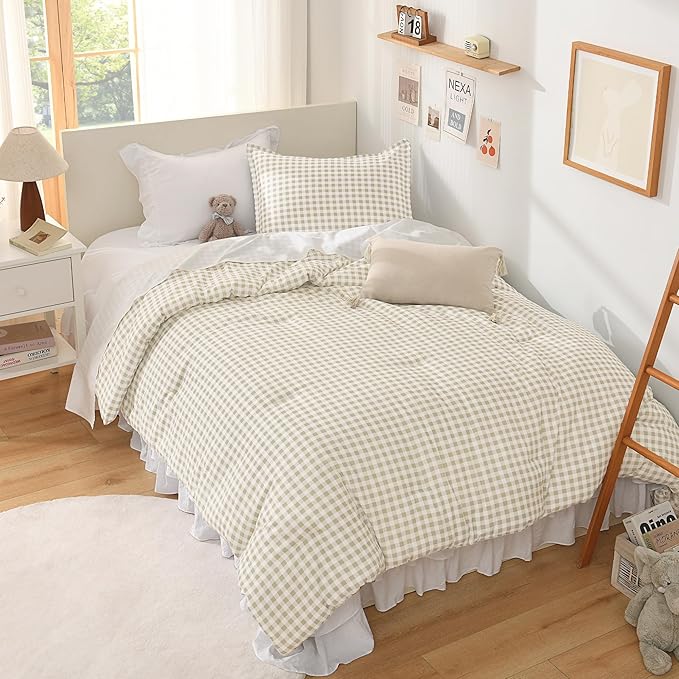 Andency Beige Gingham Comforter Set Queen(90x90Inch), Cream Checkered Grid Plaid Buffalo Bed Set for Girls Boys Kids Teens, 3 Pieces Lightweight Polyester Geometric Preppy Bedding