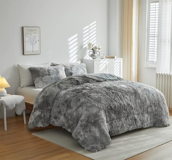 Wajade Faux Fur Plush White Comforter Set Fluffy Fuzzy Shaggy Bedding Set - 3PC Full/Queen Microfiber Soft Warm Quilt Set (Tie Dye Grey White, Full)