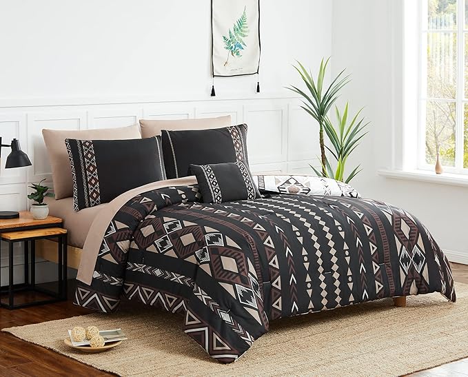 Geniospin Cal King Size Comforter Set- 7 Pieces Boho Bed in a Bag, Western Bedding Set for All Seasons, Reversible Aztec Bedding, Lightweight Comforter Bed Set with Sheets, Pillowcases & Shams