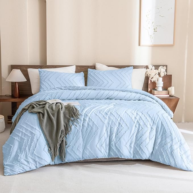 Andency Light Blue Comforter Set Full Size, Boho Soft Warm Tufted Neutral Bedding Comforter Sets for Full Bed, 3 Pieces Aesthetic Chevron Cute Bohemian Textured Bedding Set